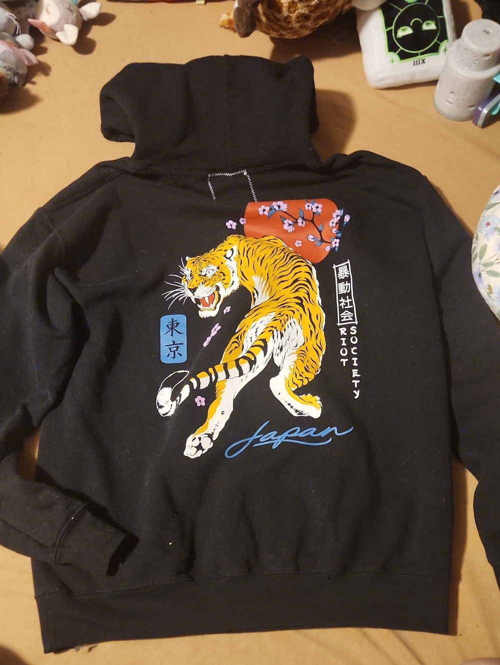 riot society Black Hoodie with Yellow Tiger, Pink Floral & Blue Script